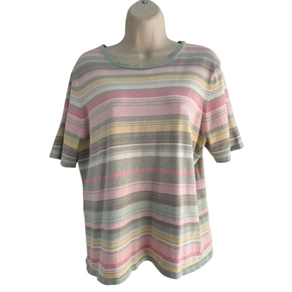 VTG 90s Y2k Pendleton Women's Sz L Pink Green Stripe Silk/Nylon Short Sleeve Top